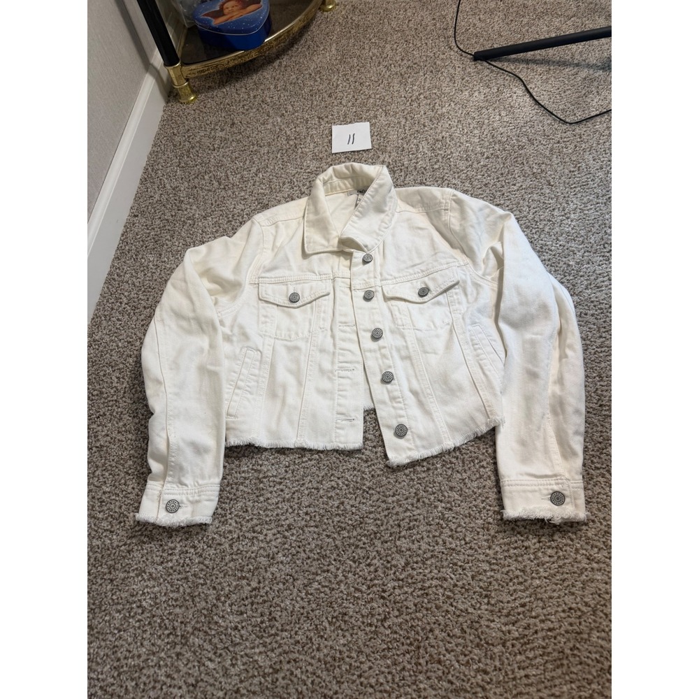 Refuge White Denim Jacket Cropped Raw Hem Cotton Trucker Large